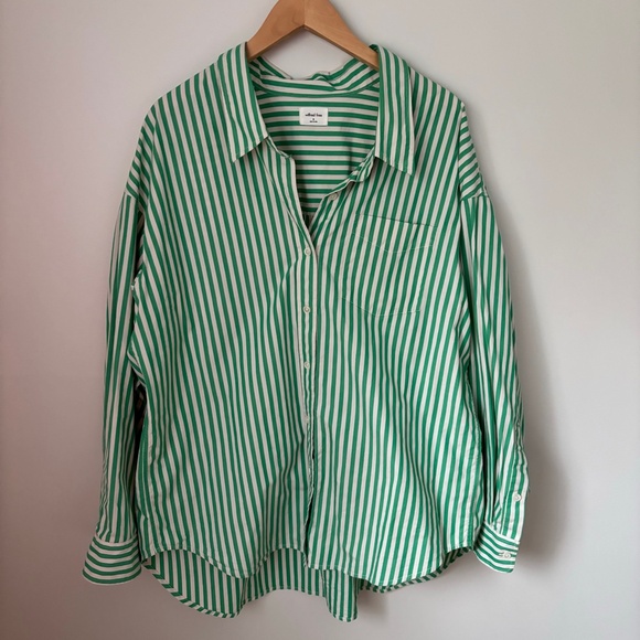Aritzia Wilfred Relaxed Poplin Shirt Button-Up Green Striped Size Medium - Picture 1 of 6